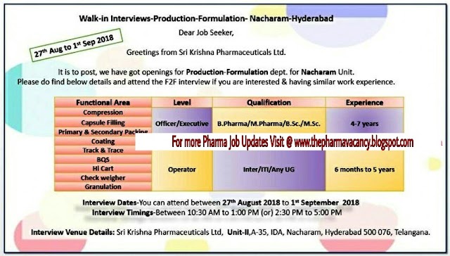 Sri Krishna Pharmaceuticals | Walk-In for Multiple Positions | 27th August to 1st September, 2018 | Hyderabad