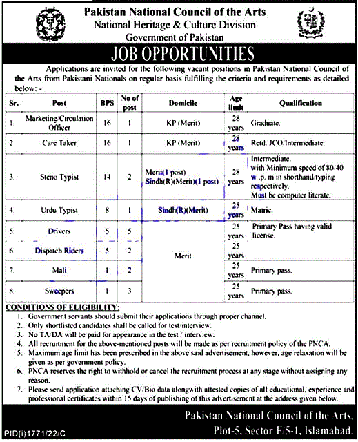 Latest Jobs in Pakistan 2022 / Pakistan National Council of the Arts PNCA Sindh 2022 Jobs / Jobzuking and pkjobstake