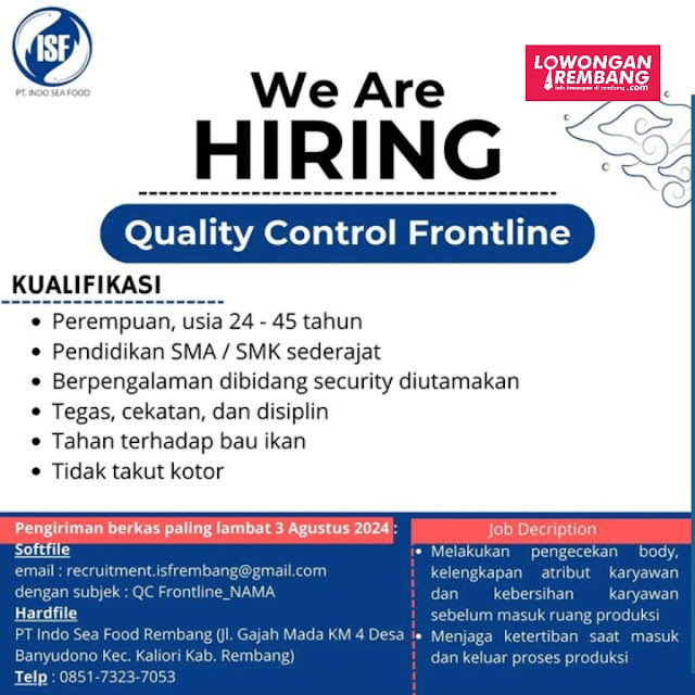 Lowongan Kerja Pegawai Quality Control Frontline PT Indo Sea Food Rembang
