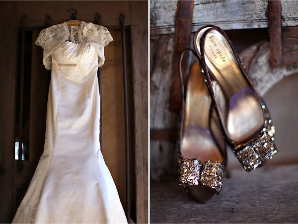 An champagne coloured wedding dress can be dazzled with chocolate coloured