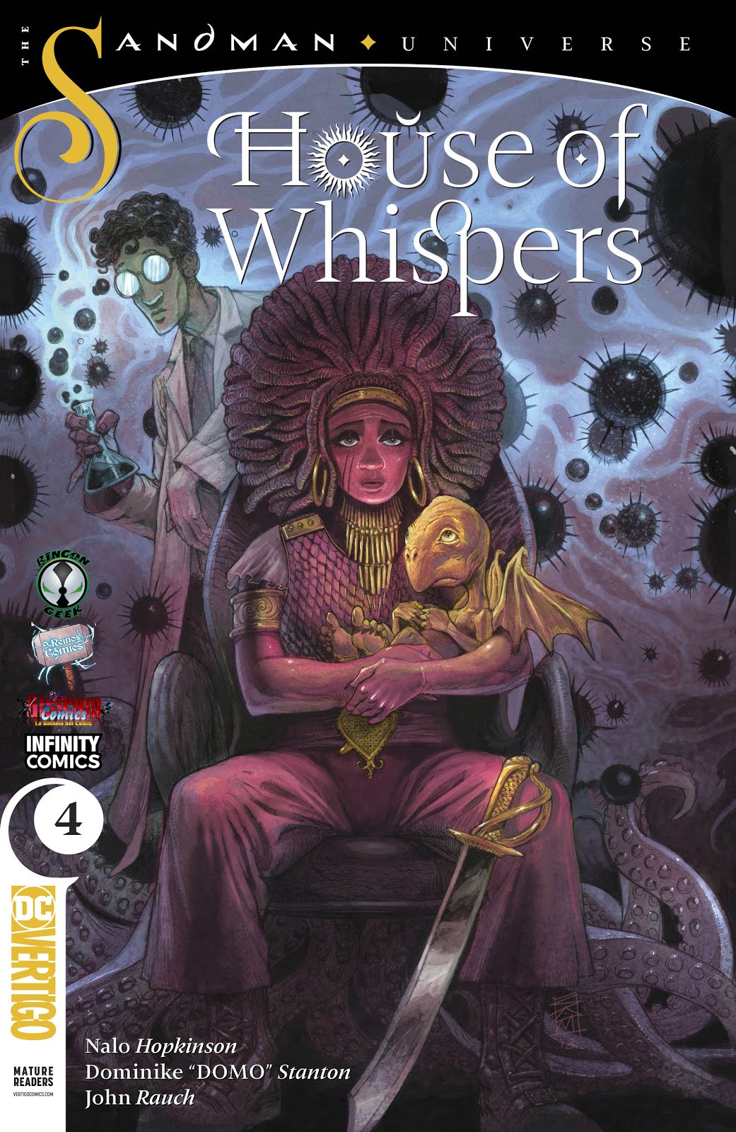 Actualización 19/05/2019: The Geek 8 y Nick Valentine nos traen el numero 4 de House of Whispers. Los misteriosos doctores de la infección están llamando a las disensiones de "El engaño de Cotard", atrapando innumerables almas en los Sueños y dejando a sus cuerpos físicos anhelando la muerte. Para manejar su propio caso de la enfermedad, Latoya decide irse de aventuras arriesgadas, creyendo que se sentirá viva cuanto más se acerque a la muerte, mientras que su novia, Maggie, intenta encontrar una verdadera cura. Mientras tanto, en el Sueño, Erzulie Dantor llama a su consejo de guerra de Shakpana, Tortuga y Tío el lunes para encontrar una manera de llevar el barco y el pantano de su hermana a su reino. Shakpana, sin embargo, parece estar más interesado en regresar al mundo de vigilia ...