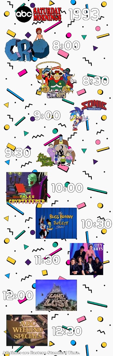 ABC Saturday Morning schedule in 1993: Cro @ 8, Wild West C.O.W.-Boys of Moo Mesa @ 8:30, Sonic the Hedgehog @ 9, The Addams Family (1992) @ 9:30, Tales from the Cryptkeeper @ 10, The Bugs Bunny & Tweety Show @ 10:30, City Boys @ 11:30, Land of the Lost (1991) @ 12 & ABC Weekend Specials @ 12:30.