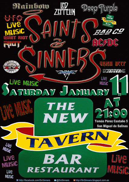 Cartelera SnSinners, The New Tavern Bar Restaurant. San Miguel de Salinas