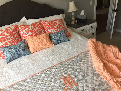 #millsnewhouse, master bedroom, pillows, bed design, crochet, quilting, bed scarf