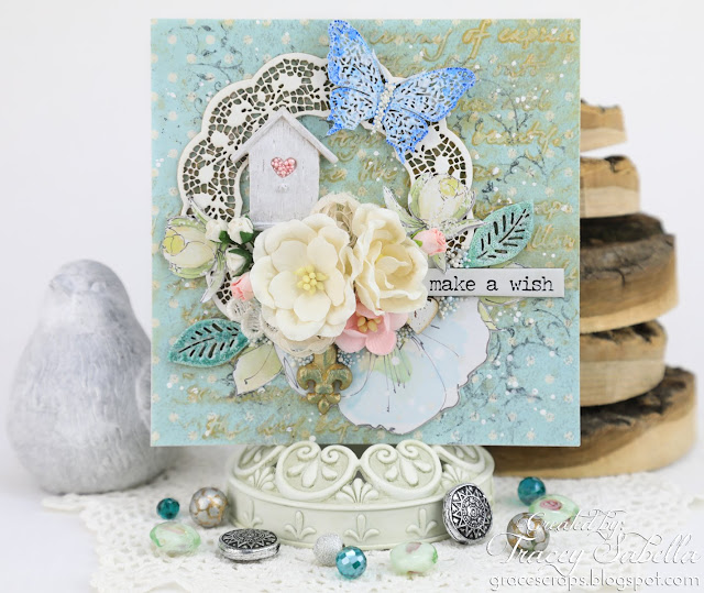 "Make a Wish" Mixed Media Card with video tutorial by Tracey Sabella for Scrap & Craft. #shabbychic #mixedmedia #shabbychiccard #papercrafting #chipboard #usartquestprills #prills #finnabair #primamarketing #birthdaycard #finnabairproducts #handmadecard #helmar #wildorchidcrafts