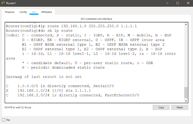 Router1's Routing Table After Static Route