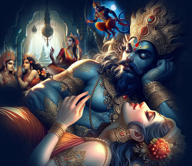 Hanuman sees Ravana sleeping with his wives