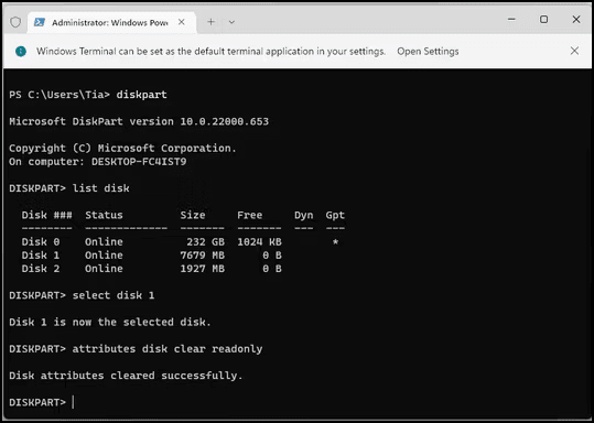 7-Windows-Terminal-Showing-Disk-Attributes-Cleared-Successfully