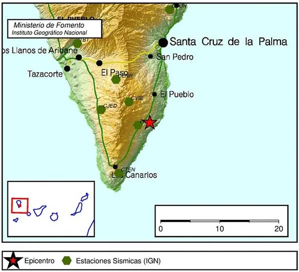 Lugar del epicentro del terremoto registrado en El Pueblo, La Palma, domingo 11 febrero