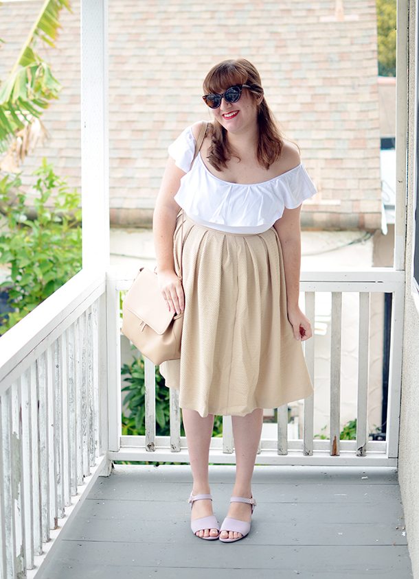 Unique Vintage off shoulder white top paired with neutrals from Ruche and Modcloth