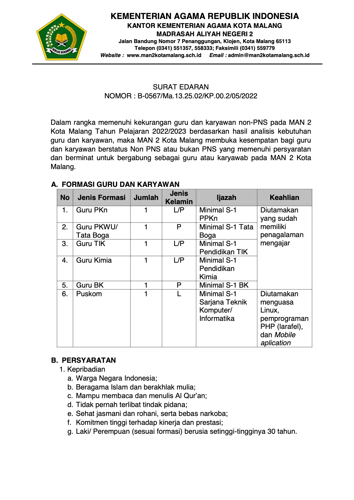 Penerimaan  Calon Guru dan Pegawai Non PNS MAN 2 Kota Malang