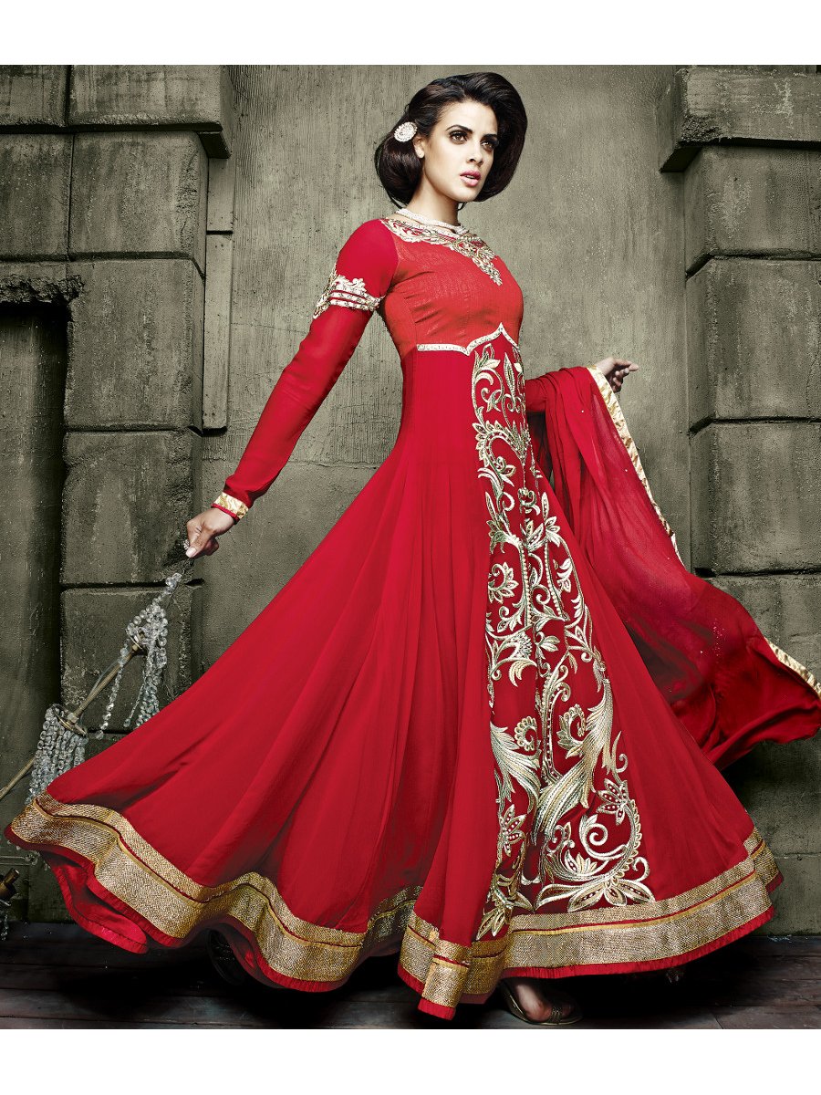 Embroidered Georgette Red Anarkali Suits