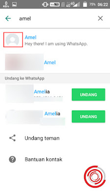 3. Selanjutnya ketik kan nama kontak yang ingin di ganti. Sebagai contoh di kontak saya ada 4 kontak yang memiliki nama Amel. 2 kontak masih aktif WA nya dan 2 kontak lagi sudah tidak aktif. Silakan kalian klik pada ikon foto profil kontak WA yang masih aktif untuk bisa mengeditnya