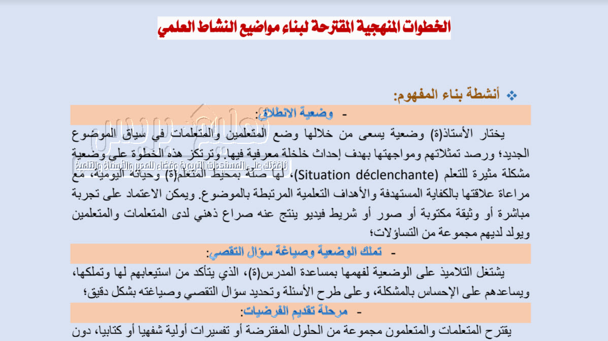 الخطوات المنهجية المقترحة لبناء مواضيع النشاط العلمي