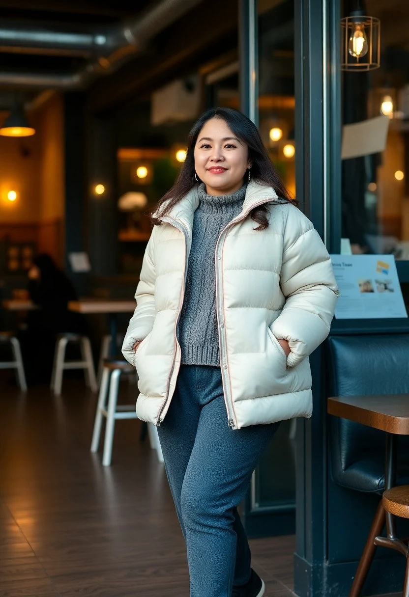 A quilted cream puffer jacket layered over a chunky knit sweater, paired with charcoal joggers and black platform sneakers. Add a beanie for extra coziness.