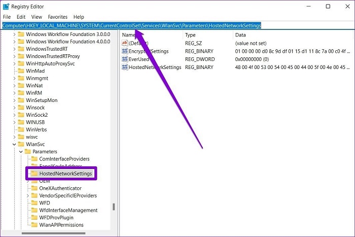 Step 3: Locate the HostedNetworkSettings folder and right-click on it. Choose the Delete option.