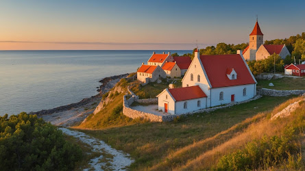 Beautiful coastal cottages in Gotland under a golden sunset, showcasing the island's charm and appeal for real estate buyers