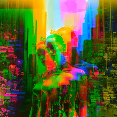 Android female nude woman double exposure coloured superimposed