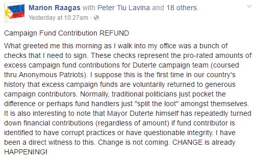 Excess Funds Of Duterte During His Campaign To Be Returned To The Contributors! Unbelievable!