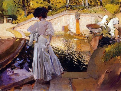 María viendo los peces la Granja, La Granja, Arboles de otoño, Fuente de Neptuno en la Granja, Palacio de la Granja, Joaquín Sorolla y  Bastida, Joaquín Sorolla, Paisajes de Joaquín Sorolla, Impresionismo Valenciano, Joaquín Sorolla Bastida