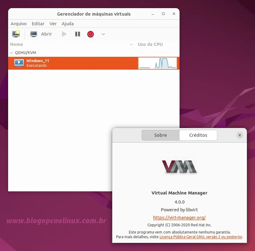 virt-manager executando no Ubuntu 22.04 LTS (Jammy Jellyfish)