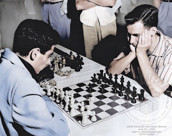 Jimmy Sherwin of New York, right, the defending champion, meets Attilio DiCamillo, also of New York, in the final round of the speed tournament in connection with the U. S. Open chess tournament in the Biltmore hotel.