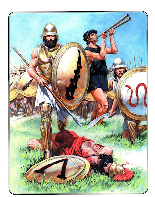 Batalhão Sagrado de Tebas, de Angus McBride (abaixo, um soldado espartano derrotado)