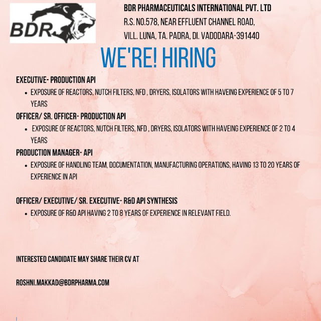 BDR Pharma Hiring For Production/ R&D Department