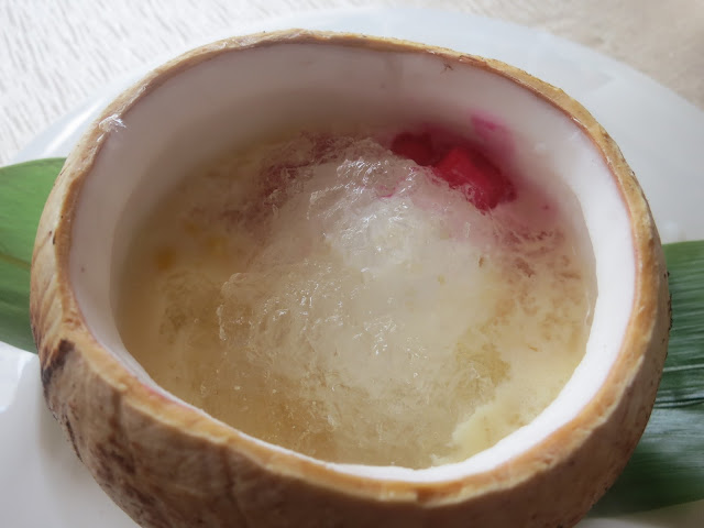 Chilled Coconut Jelly with Snow Swallow and Sweet Corn served in Coconut