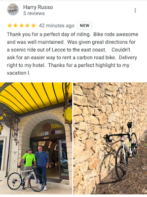a review wrote by American customer who enjoyed daily cycling excursion in Lecce Puglia Italy