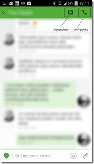 Videopuhelu ja nyt uutena tullut VoIP-puhelu on helppo käynnistää keskusteluikkunan oikeasta yläkulmasta.