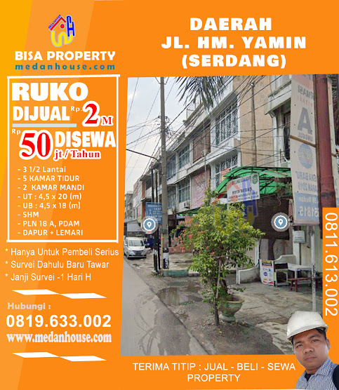 Ruko dijual atau di sewakan di daerah jl. HM.Yamin / Jl.Serdang medan