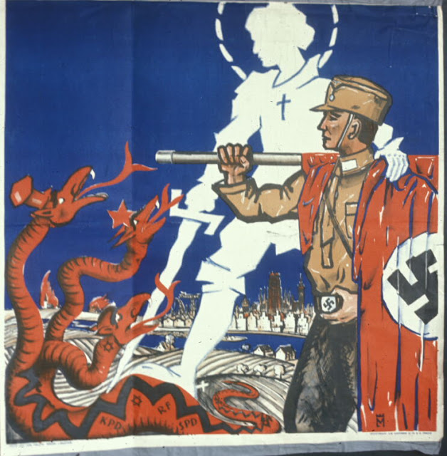 Nazi Propaganda poster: St. George dragon Slayer snake jew communist socialist