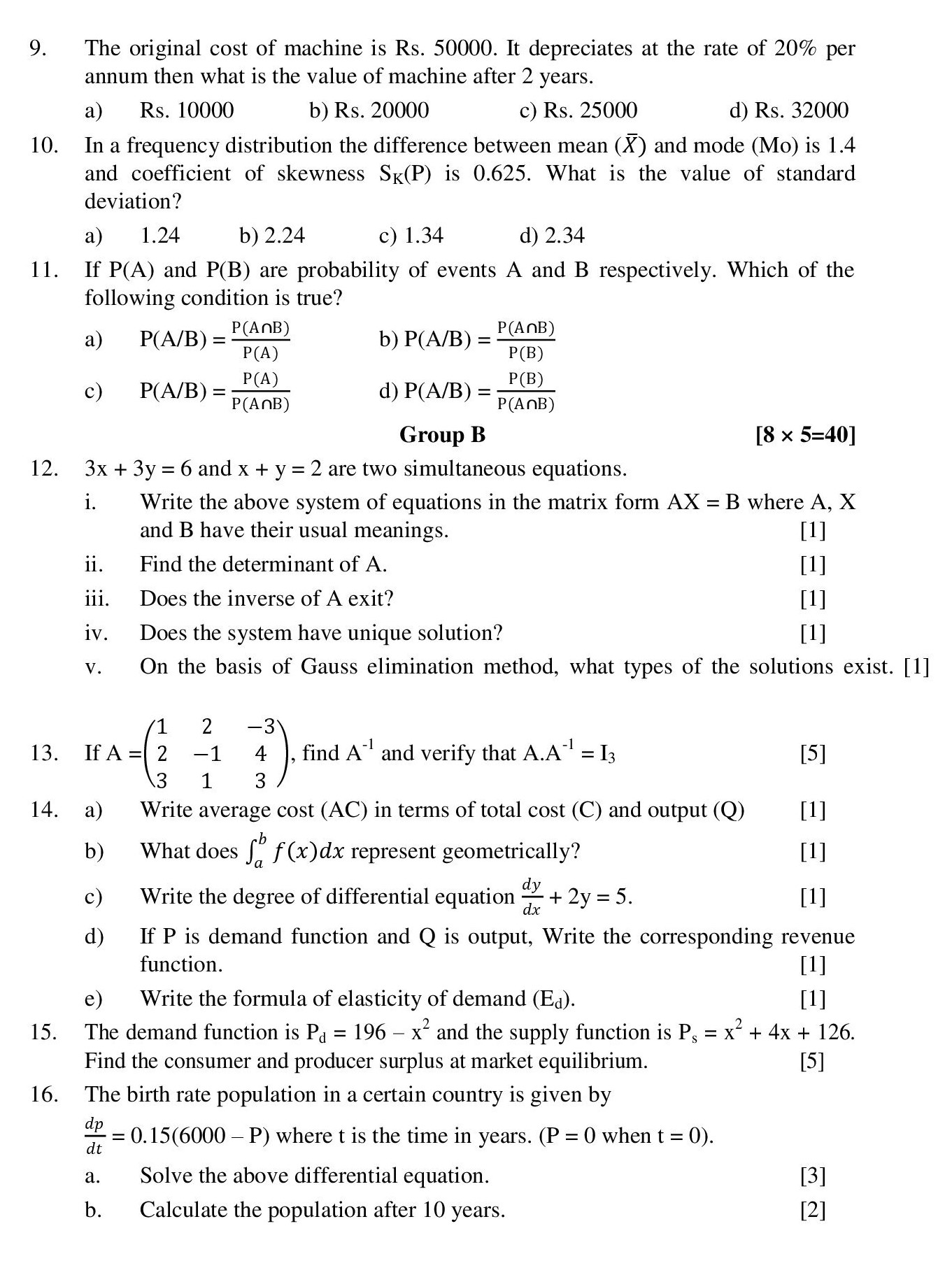 NEB Class 12 Business Mathematics Model Question 2079-2080
