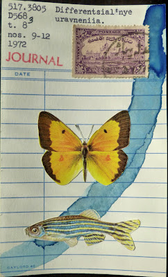 mail art library card postage stamp Dada Fluxus butterfly zebra fish collage