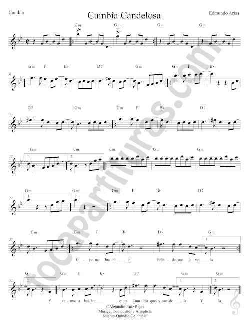 Cumbia Candelosa de Edmundo Arias Partitura Fácil con Acordes Easy Sheet Music with Chords