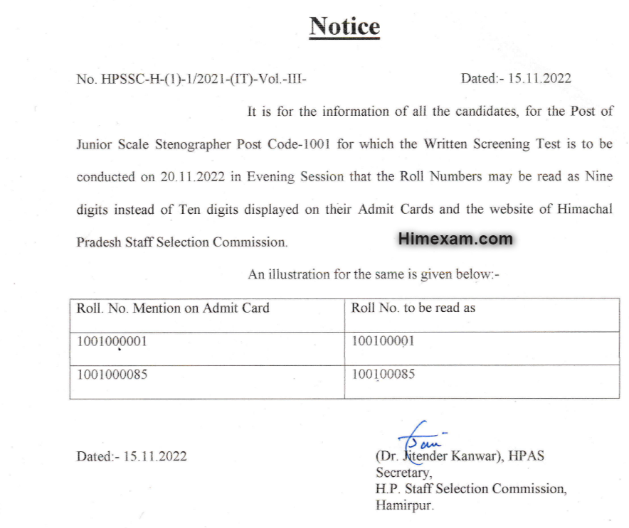 Important Notice For The Post of Junior Scale Stenographer Post Code-1001 :-HPSSC Hamirpur