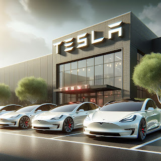 4 model mobil listrik Tesla yang berjejer di depan gedung bertuliskan Tesla