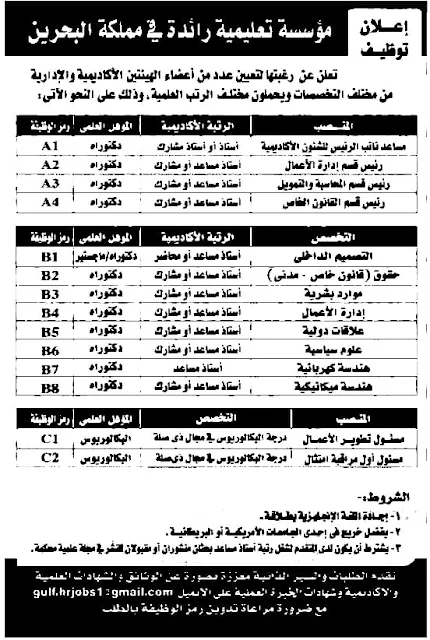 لحملة الماجستير والدكتوراة..وظائف خالية بمؤسسة تعليمية رائدة في مملكة البحرين منشور في الأهرام الجمعة 1-4-2022