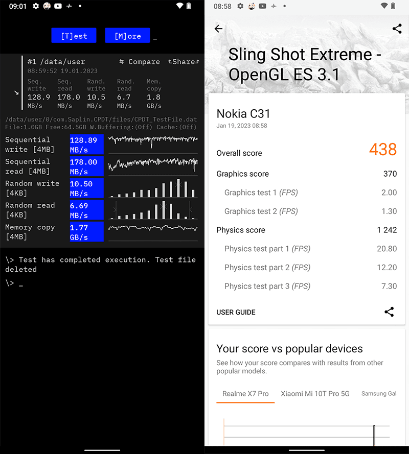 Nokia C31 CPDT and 3DMark benchmark results