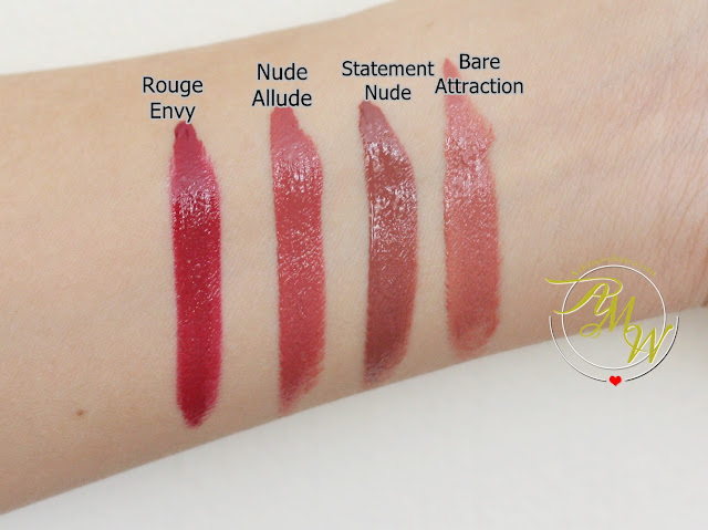 a swatch photo of L'Oreal Infallible Pro Matte Gloss rouge envy, nude allude, statement nude and bare attraction