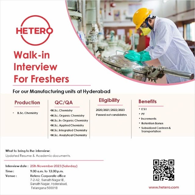 Hetero Labs | Walk-in interview for Freshers in Prod, QC & QA on 25th Nov 2023