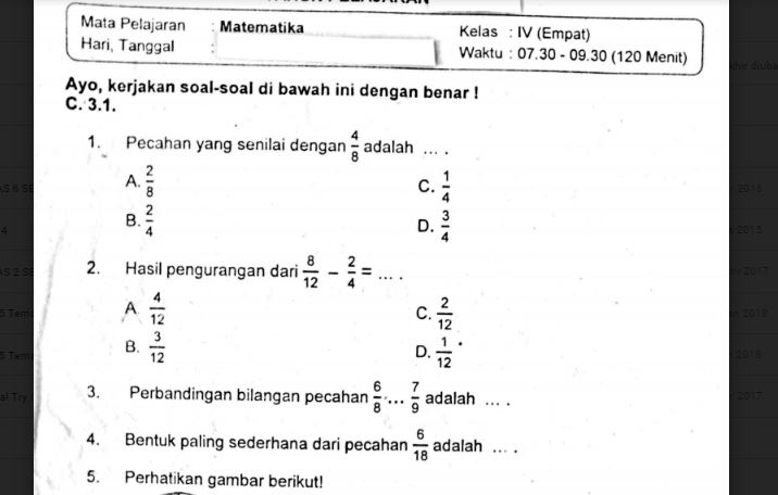 Soal Ulangan Matematika Kelas 4 Semester 1 K 13