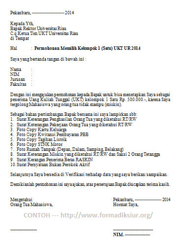 Format Surat Permohonan Penurunan UKT untuk Angkatan 2014 