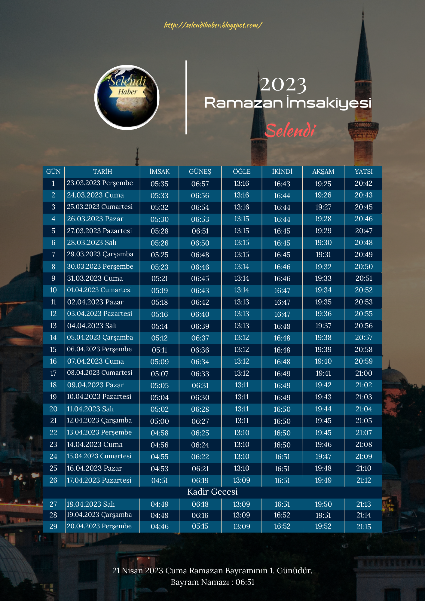 2023 Yılı Selendi İmsakiyesi