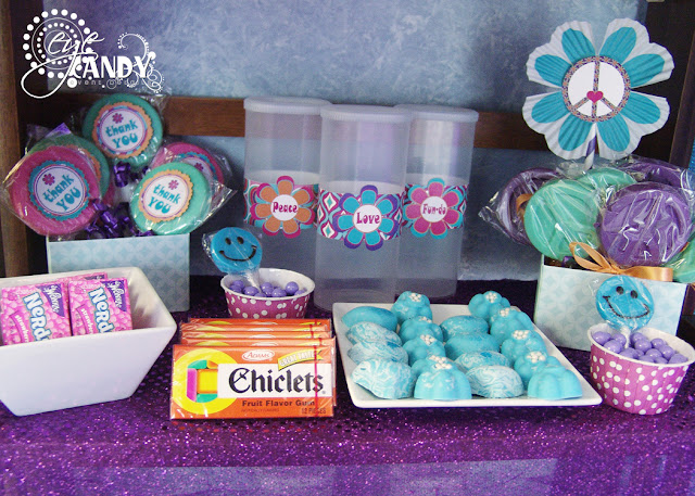 peace party candy bar ideas, daisy decor, nerds, chiclets