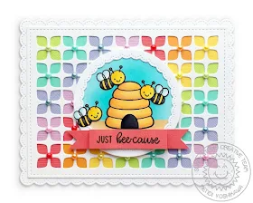 Sunny Studio Stamps: Just Bee-cause Bumble Bee & Beehive Card (featuring rainbow background using Frilly Frames Retro Petals Dies + Fancy Frames Stitched Scallop Dies)
