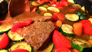 Closeup of Swiss Steak with Tomatoes, Zucchini, and Carrots