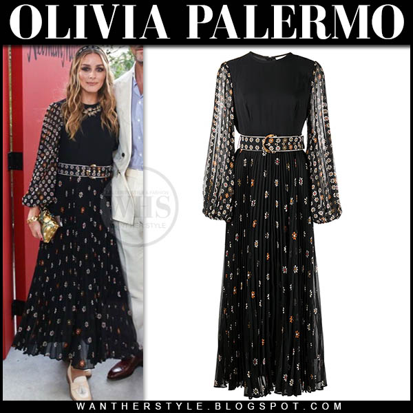 Olivia Palermo in black floral print belted maxi dress and cream loafers