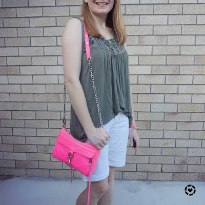 awayfromtheblue Instagram neon pink mini MAC bag with white bermuda denim shorts and olive tank